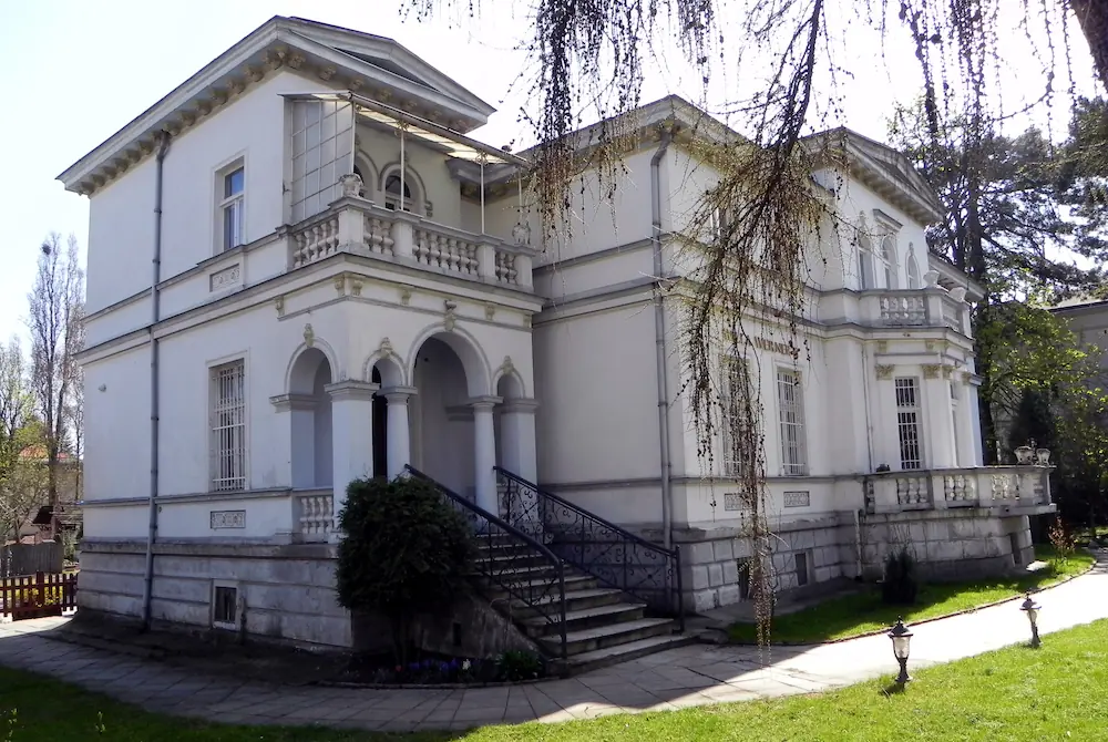 Biała sopocka willa z portykiem i zewnętrznymi schodami, wierzba przed elewacją